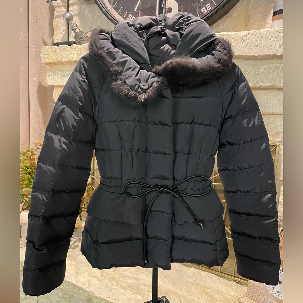 Moncler Down Puffer Jacket Fur Trim Hood Charcoal Gray Size 00 XS Petite